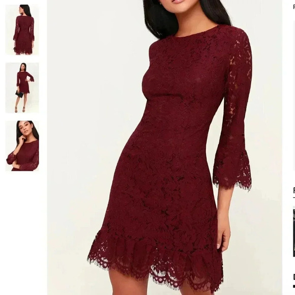 Lulu's Red Floral Lace Dress Bell Sleeve Sheath - Picture 10 of 10